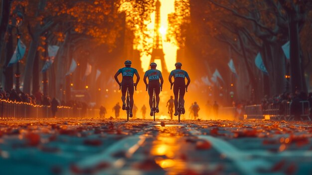 Tres ciclistas corriendo y alcanzando la línea de meta en una gran competencia Carrera ciclista