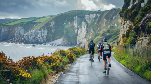 Tres ciclistas viajan a lo largo de una carretera costera El mar está a su izquierda y una ladera verde está a su derecha