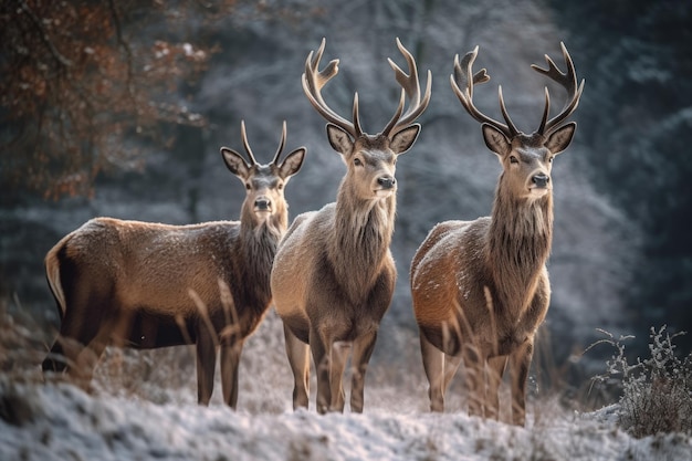 Tres ciervos en un campo nevado IA generativa