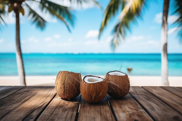 Três cocos abertos em uma mesa de madeira em um fundo de praia desfocado com palmeiras verdes