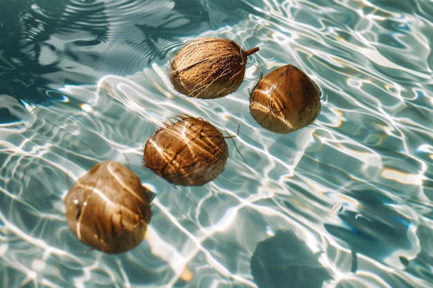 Tres cocos flotando en el agua