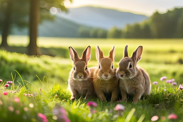 Três coelhos em um campo com uma montanha ao fundo