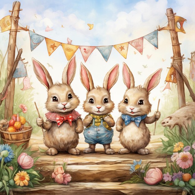 Três coelhos estão de pé em um campo com uma cesta de flores