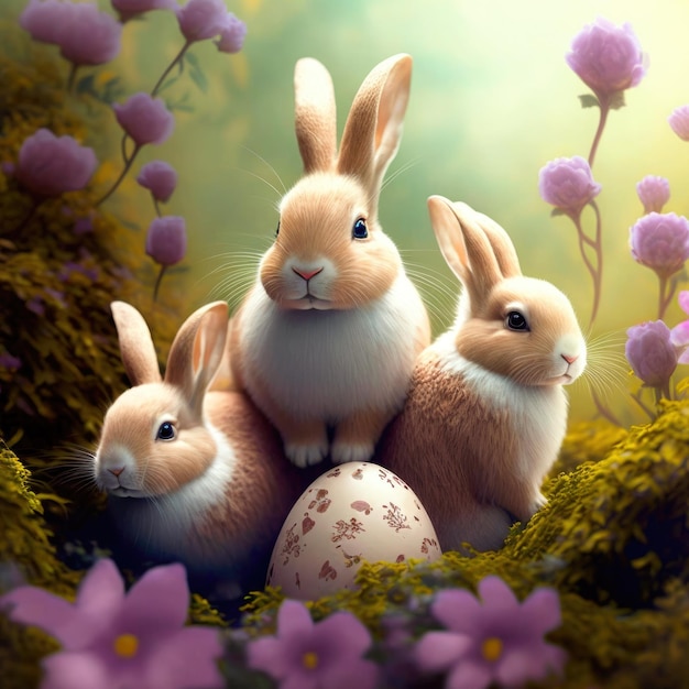 Três coelhos fofos estão sentados na grama verde entre flores e ovos de Páscoa