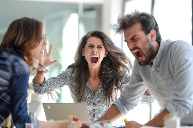 Tres colegas en una acalorada discusión en una reunión con una mujer que expresa fuertes emociones