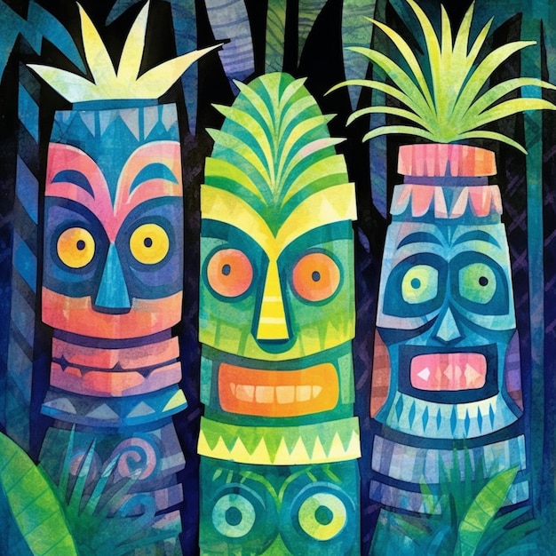 tres coloridas estatuas de tiki están de pie en una fila en la jungla generativa ai