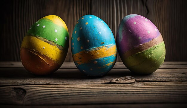 Tres coloridos huevos de pascua se sientan en una mesa de madera.