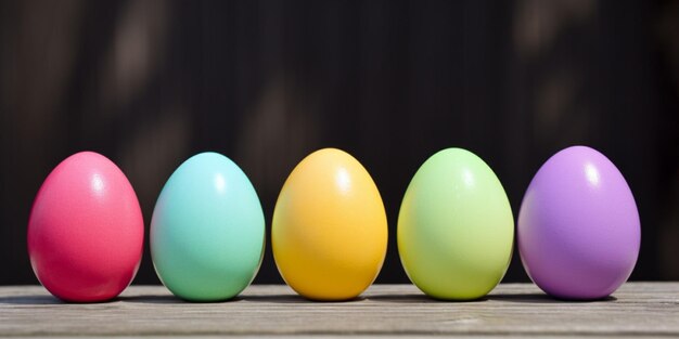 Tres coloridos huevos de pascua en una superficie de madera