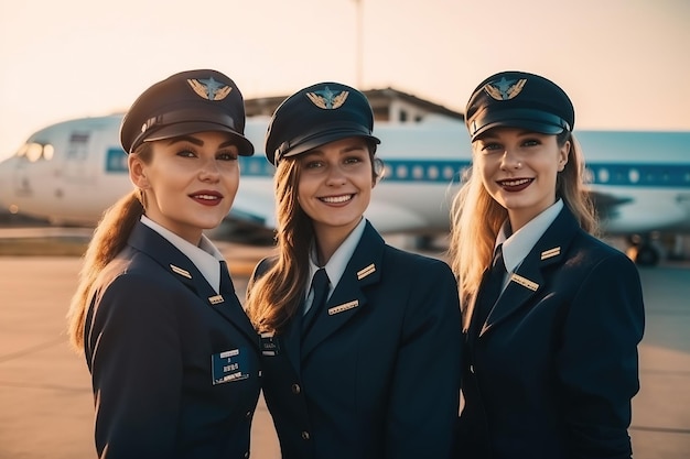 Três comissárias de bordo lindas e sorridentes de uniforme no aeroporto no avião Generative AI