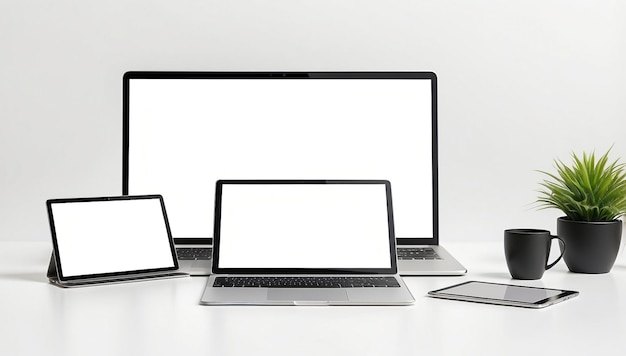 tres computadoras portátiles están alineadas en una mesa de las cuales una es una computadora portátil