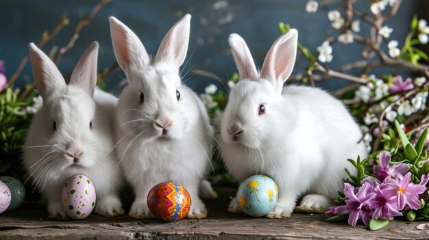 Tres conejos blancos peludos están sentados entre huevos de Pascua y flores de primavera una bandera