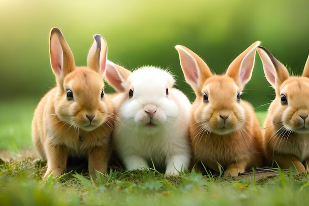 Tres conejos en un campo con uno de ellos diciendo 'te amo'