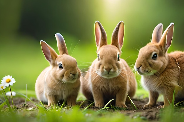 Tres conejos en un campo con un fondo verde