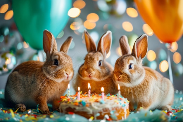 Tres conejos están de pie frente al pastel de cumpleaños con velas encendidas