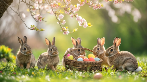 Tres conejos junto a una canasta de huevos de Pascua en el césped