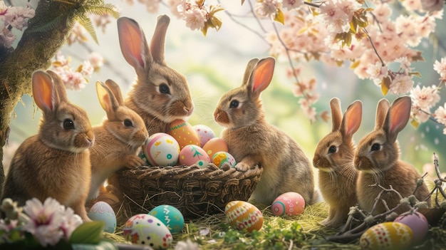 Tres conejos junto a una canasta de huevos de Pascua en el césped