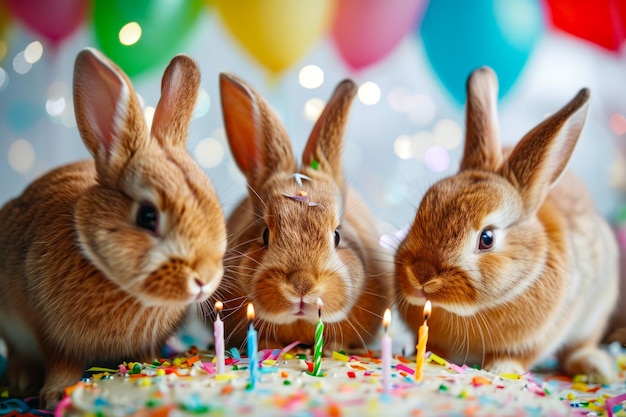 Tres conejos con sombreros de fiesta de pie frente al pastel de cumpleaños