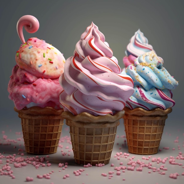 Três cones de sorvete com cobertura rosa, azul e branca