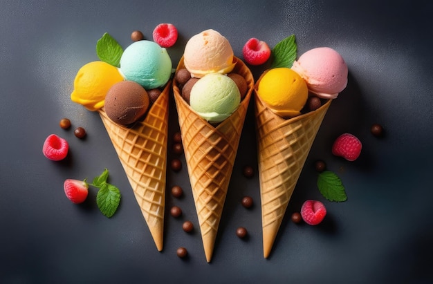 Três cones de sorvete com diferentes sabores e coberturas em fundo escuro