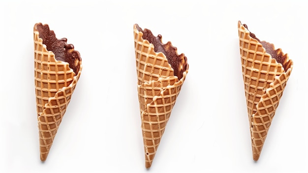 Foto três cones de sorvete de waffle vazios com forro de borda de chocolate em fundo branco