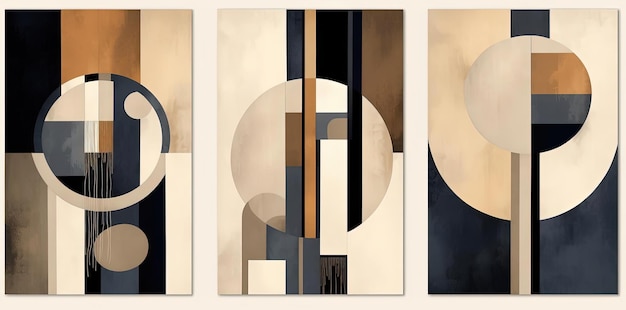 três conjuntos de pinturas geométricas abstratas com bege
