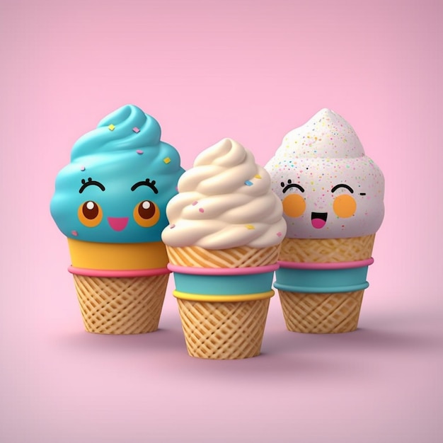 Tres conos de helado con caras y ojos están alineados en una fila generativa ai