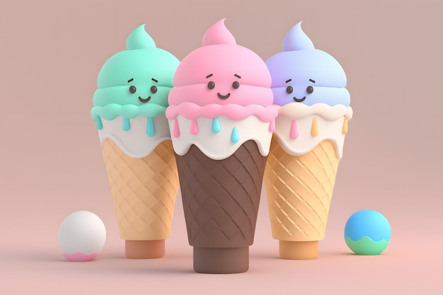 Tres conos de helado con caras sonrientes están sobre un fondo rosa.