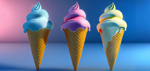 Tres conos de helado derretido creados con AI generativa