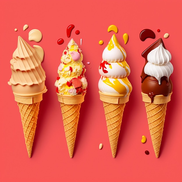 Tres conos de helado con diferentes sabores, incluido uno con fondo rojo.