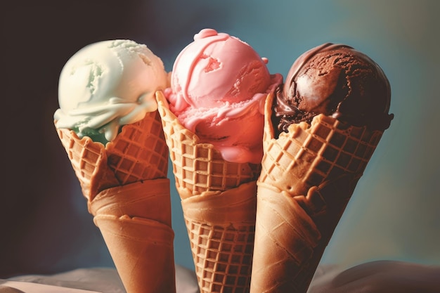 Tres conos de helado están sobre una mesa.