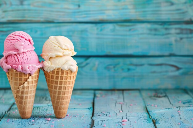 Tres conos de helado en un fondo de madera azul vintage