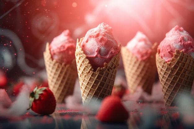 tres conos de helado con fresas en una mesa generativa ai