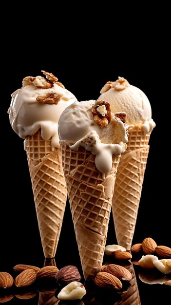 Tres conos de helado con nueces encima y un fondo negro