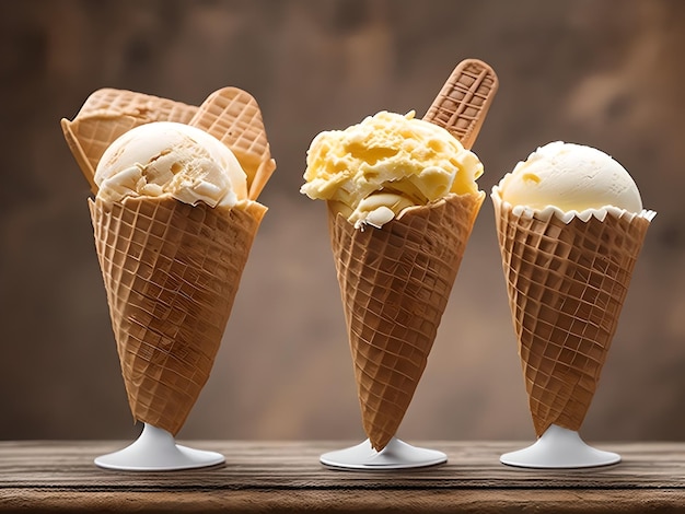 tres conos de helado con uno que tiene helado en él