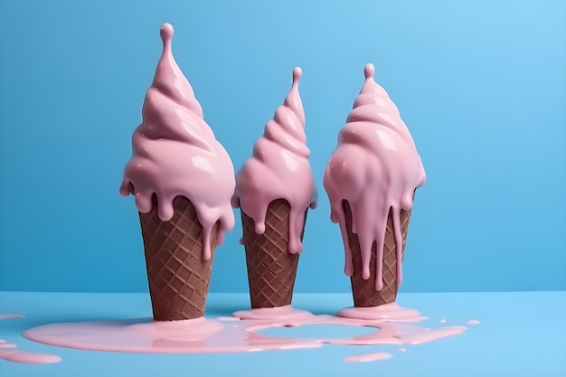 Tres conos de helado rosa están sobre un fondo azul.