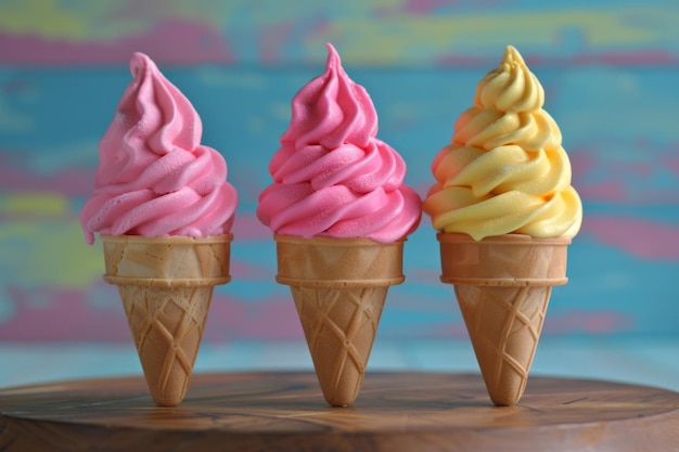Tres conos de helado en una tabla de madera