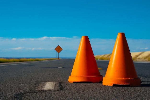 Tres conos naranjas sentados en el costado de la carretera al lado del letrero de la calle Generative AI
