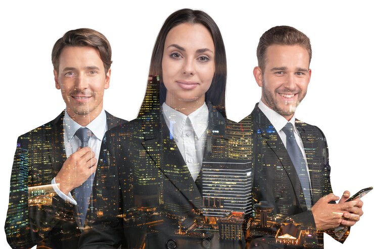 Três consultores de negócios atenciosos e positivos em trajes de estilo de vida corporativo da Ásia multinacional diversos jovens profissionais Night Singapore view Dupla exposição