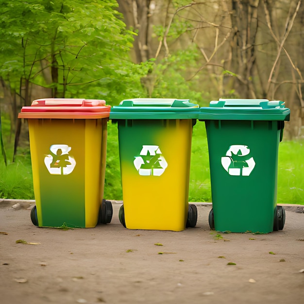 tres contenedores de basura con uno que dice reciclar en él