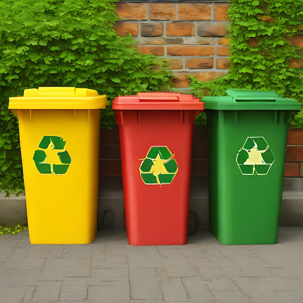 tres contenedores de basura con uno que dice reciclar en él
