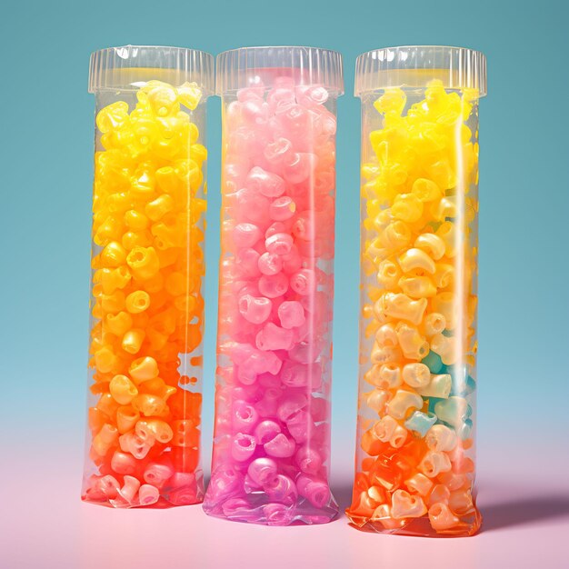 tres contenedores de caramelos coloridos con uno que dice arco iris de color en el medio