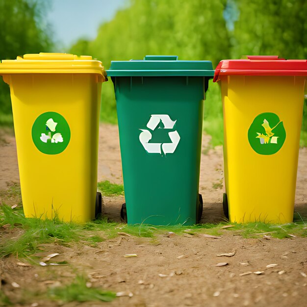 tres contenedores de reciclaje con un logotipo verde de reciclado en el lado