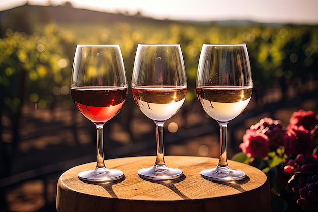 Tres copas en un barril en un viñedo que contiene rosa blanca y vino tinto