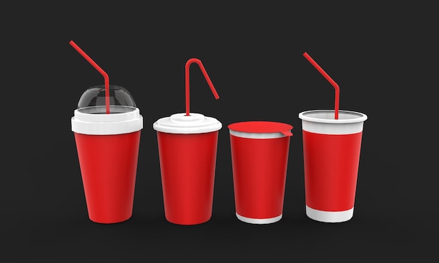 tres copas rojas con pajitas y una con una tapa blanca