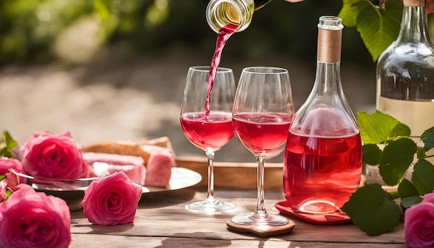 tres copas de vino con una rosa en la parte superior de ellos