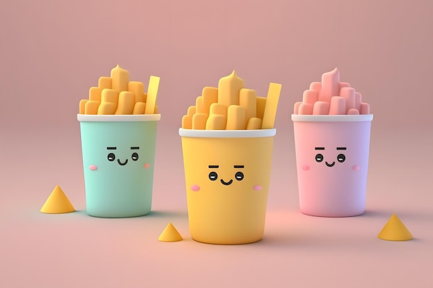 Foto três copos de batatas fritas de cores diferentes com rostos neles.