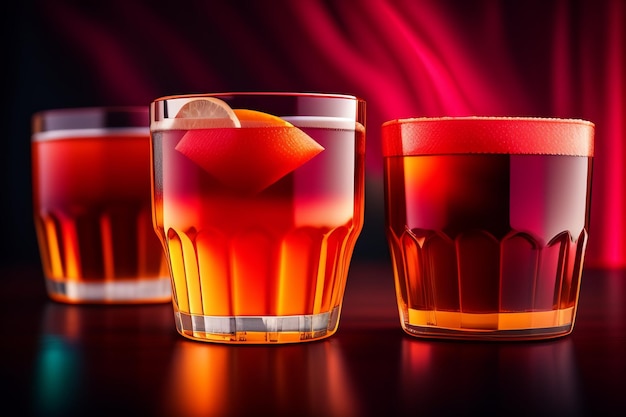Três copos de coquetéis em um bar com fundo vermelho