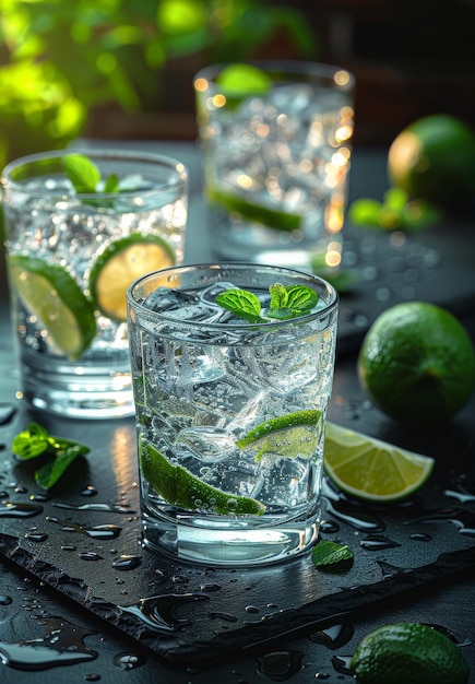 Três copos de gin-tonic com limão e menta em ardósia.