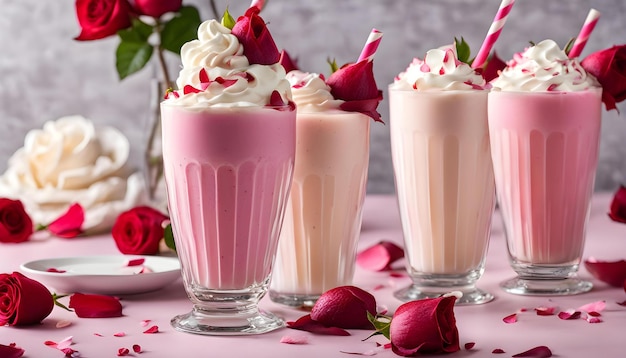Três copos de leite milkshake com rosas neles