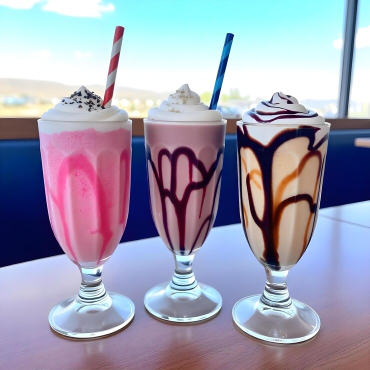 três copos de milkshake com uma palha no meio